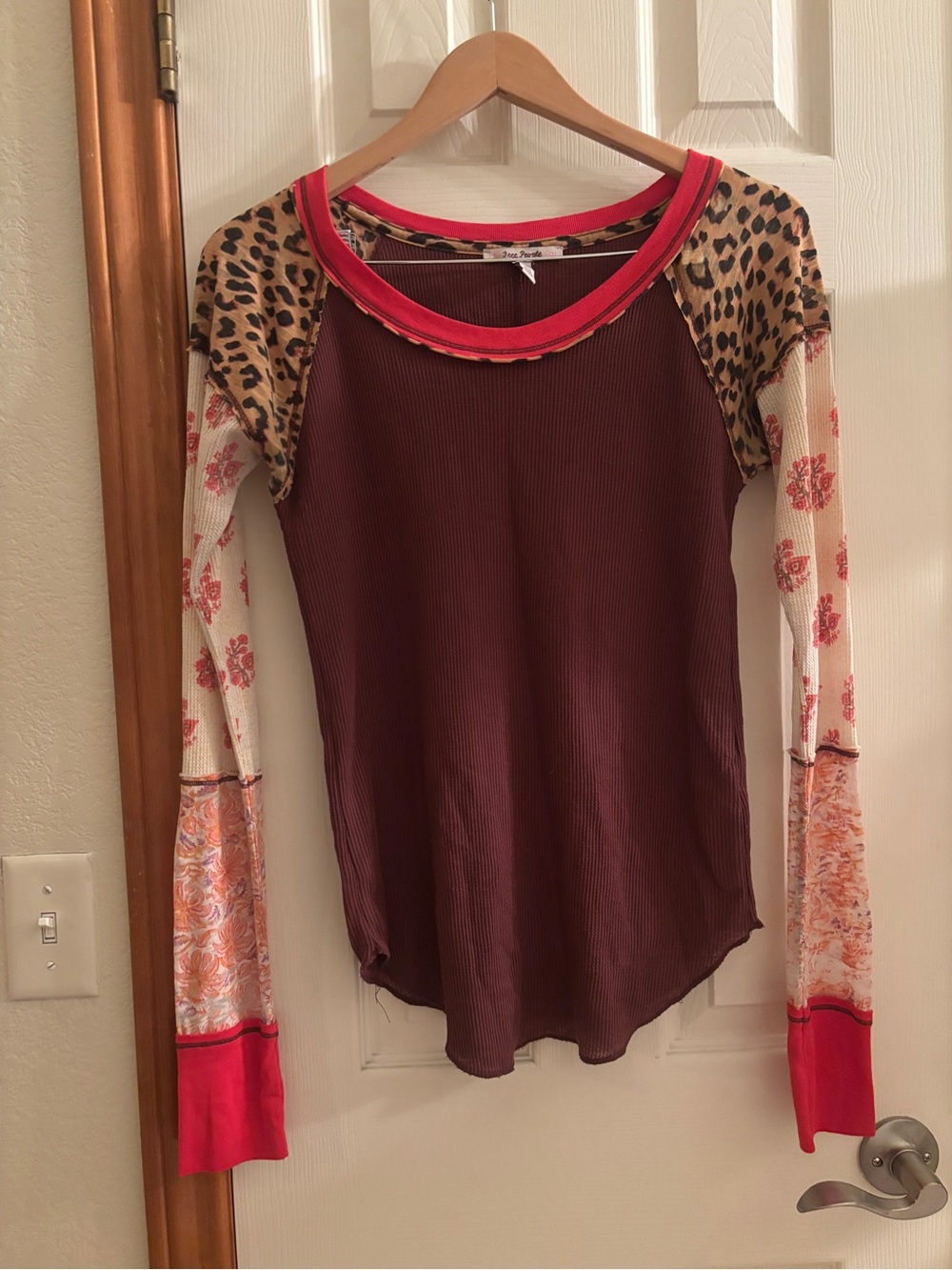 Free People Burgundy Mixed-Print Raglan Long Sleeve Top